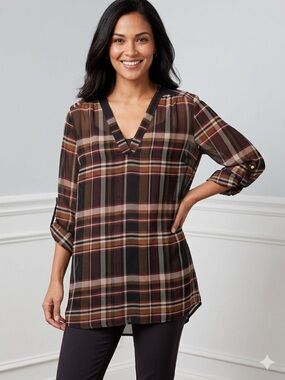 Le Chateau 90’s Plaid V-Neck Roll-Tab Sheer Tunic Top in Brown Plaid